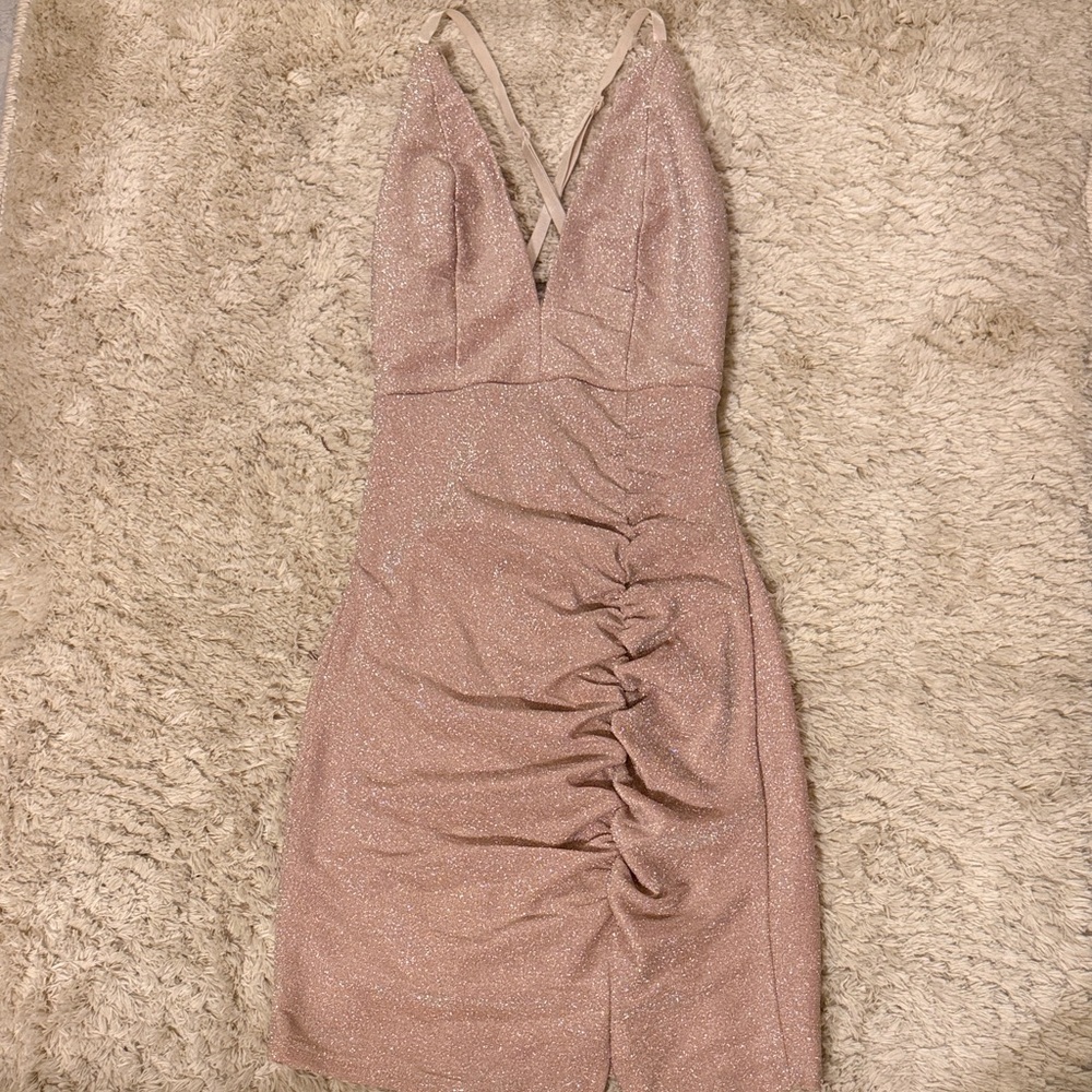 Sparkle Pink Ruched V‑Neck Party Dress